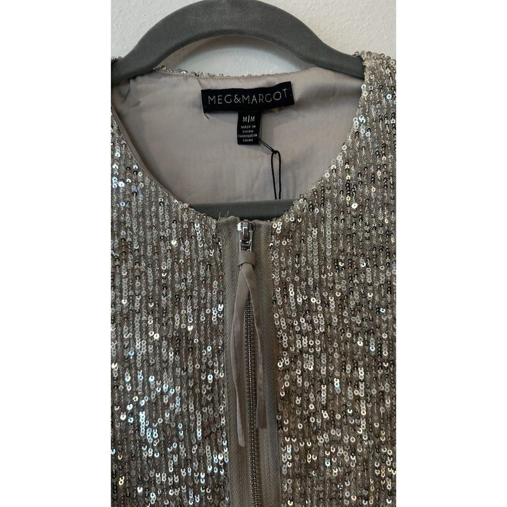 Meg & Margot Silver Sequin Lined Cropped Zip Short Party Holiday Jacket Womens M